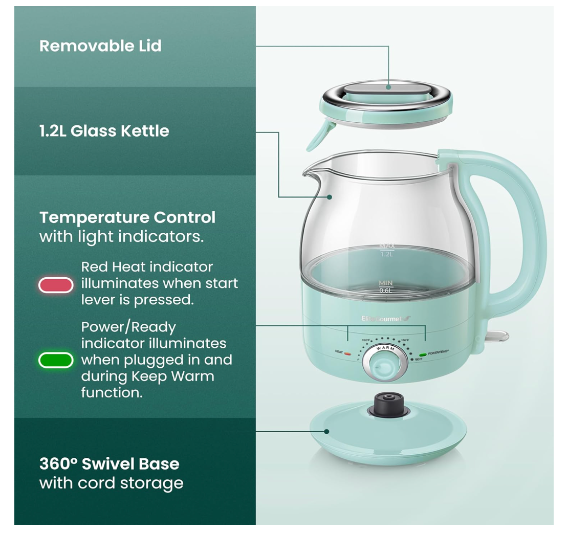 Elite Gourmet EKT1220M Electric BPA-Free Glass Kettle, Temperature Dial, Keep Warm Function, Cordless 360° Base, Blue LED Interior, Auto Shut-Off Function – Quick Boil, Mint, 1.2L