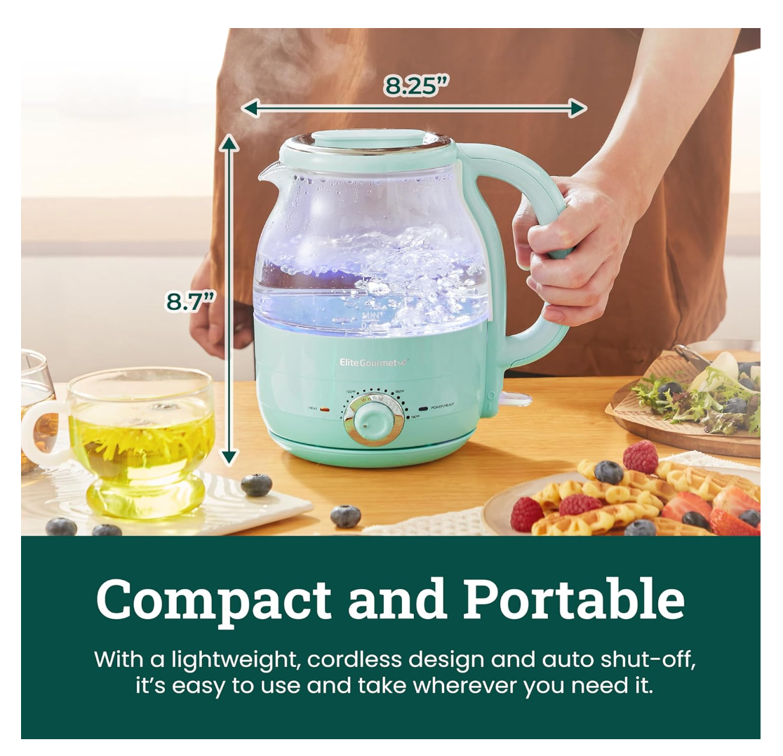 Elite Gourmet EKT1220M Electric BPA-Free Glass Kettle, Temperature Dial, Keep Warm Function, Cordless 360° Base, Blue LED Interior, Auto Shut-Off Function – Quick Boil, Mint, 1.2L