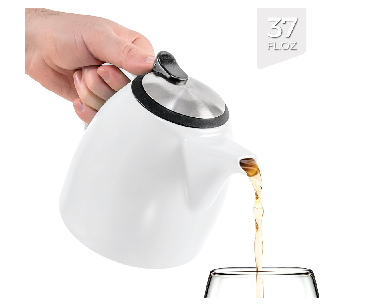 Tealyra - Drago Ceramic Teapot White - 37oz (4-6 cups) - Large Stylish Teapot with Stainless Steel Lid Extra-Fine Infuser To Brew Loose Leaf Tea - Leed-Free - 1100ml