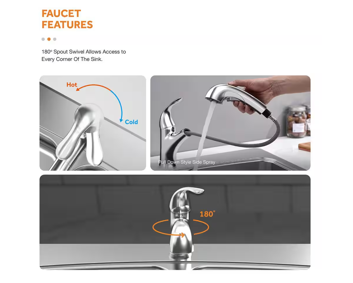 25 in. Drop-In Single Bowl 20 Gauge Stainless Steel Kitchen Sink with Pull-Out Faucet