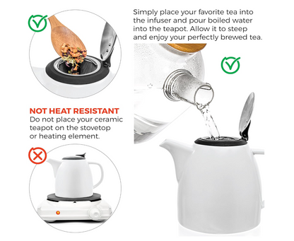 Tealyra - Drago Ceramic Teapot White - 37oz (4-6 cups) - Large Stylish Teapot with Stainless Steel Lid Extra-Fine Infuser To Brew Loose Leaf Tea - Leed-Free - 1100ml