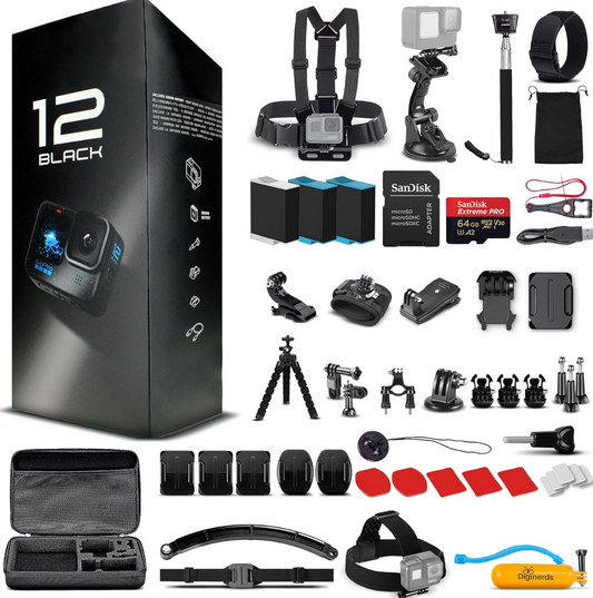 GoPro HERO12 (Hero 12) Black - with 50 Piece Accessory Kit and 2 Extra Batteries + 64GB Card - Waterproof Action Camera - 5.3K HDR, 27MP Photos, 1/1.9" Sensor, Live Streaming, Webcam, Stabilization
