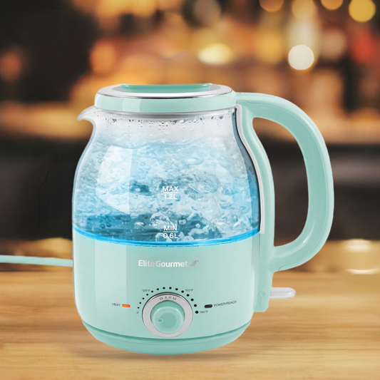 Elite Gourmet EKT1220M Electric BPA-Free Glass Kettle, Temperature Dial, Keep Warm Function, Cordless 360° Base, Blue LED Interior, Auto Shut-Off Function – Quick Boil, Mint, 1.2L